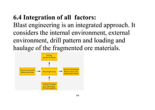 108
6.4 Integration of all factors:
Blast engineering is an integrated approach. It
considers the internal environment, external
environment, drill pattern and loading and
haulage of the fragmented ore materials.
 