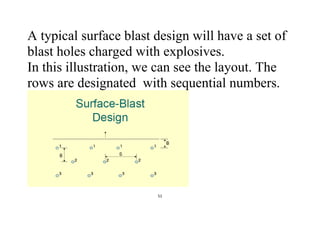 51
A typical surface blast design will have a set of
blast holes charged with explosives.
In this illustration, we can see the layout. The
rows are designated with sequential numbers.
 