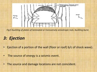 3: Ejection
• Ejection of a portion of the wall (floor or roof) b/c of shock wave).
• The source of energy is a seismic event.
• The source and damage locations are not coincident.
Fig:5 buckling of plates of laminated or transversely anisotropic rock, buckling burst.
 