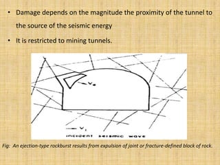 • Damage depends on the magnitude the proximity of the tunnel to
the source of the seismic energy
• It is restricted to mining tunnels.
Fig: An ejection-type rockburst results from expulsion of joint or fracture-defined block of rock.
 