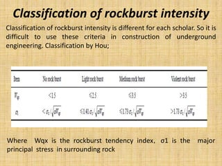 Classification of rockburst intensity
Classification of rockburst intensity is different for each scholar. So it is
difficult to use these criteria in construction of underground
engineering. Classification by Hou;
Where Wqx is the rockburst tendency index，σ1 is the major
principal stress in surrounding rock
 