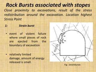 Rock Bursts associated with stopes
1: Strain burst
• event of violent failure
where small pieces of rock
are ejected from the
boundary of excavation
• relatively limited
damage, amount of energy
released is small.
Close proximity to excavations, result of the stress
redistribution around the excavation. Location highest
Stress Point
Fig : Strainbursts
 