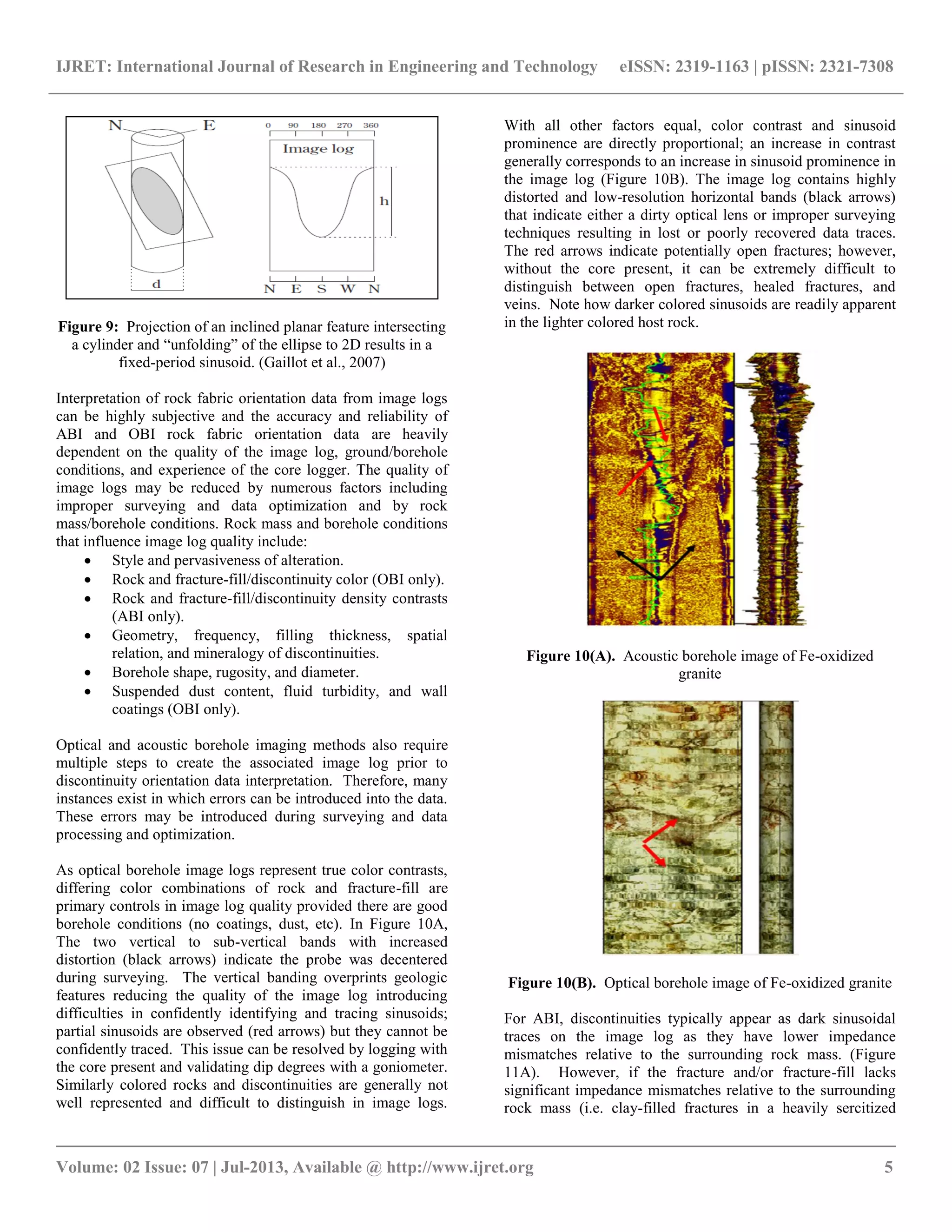 IJRET: International Journal of Research in Engineering and Technology eISSN: 2319-1163 | pISSN: 2321-7308
__________________________________________________________________________________________
Volume: 02 Issue: 07 | Jul-2013, Available @ http://www.ijret.org 5
Figure 9: Projection of an inclined planar feature intersecting
a cylinder and “unfolding” of the ellipse to 2D results in a
fixed-period sinusoid. (Gaillot et al., 2007)
Interpretation of rock fabric orientation data from image logs
can be highly subjective and the accuracy and reliability of
ABI and OBI rock fabric orientation data are heavily
dependent on the quality of the image log, ground/borehole
conditions, and experience of the core logger. The quality of
image logs may be reduced by numerous factors including
improper surveying and data optimization and by rock
mass/borehole conditions. Rock mass and borehole conditions
that influence image log quality include:
 Style and pervasiveness of alteration.
 Rock and fracture-fill/discontinuity color (OBI only).
 Rock and fracture-fill/discontinuity density contrasts
(ABI only).
 Geometry, frequency, filling thickness, spatial
relation, and mineralogy of discontinuities.
 Borehole shape, rugosity, and diameter.
 Suspended dust content, fluid turbidity, and wall
coatings (OBI only).
Optical and acoustic borehole imaging methods also require
multiple steps to create the associated image log prior to
discontinuity orientation data interpretation. Therefore, many
instances exist in which errors can be introduced into the data.
These errors may be introduced during surveying and data
processing and optimization.
As optical borehole image logs represent true color contrasts,
differing color combinations of rock and fracture-fill are
primary controls in image log quality provided there are good
borehole conditions (no coatings, dust, etc). In Figure 10A,
The two vertical to sub-vertical bands with increased
distortion (black arrows) indicate the probe was decentered
during surveying. The vertical banding overprints geologic
features reducing the quality of the image log introducing
difficulties in confidently identifying and tracing sinusoids;
partial sinusoids are observed (red arrows) but they cannot be
confidently traced. This issue can be resolved by logging with
the core present and validating dip degrees with a goniometer.
Similarly colored rocks and discontinuities are generally not
well represented and difficult to distinguish in image logs.
With all other factors equal, color contrast and sinusoid
prominence are directly proportional; an increase in contrast
generally corresponds to an increase in sinusoid prominence in
the image log (Figure 10B). The image log contains highly
distorted and low-resolution horizontal bands (black arrows)
that indicate either a dirty optical lens or improper surveying
techniques resulting in lost or poorly recovered data traces.
The red arrows indicate potentially open fractures; however,
without the core present, it can be extremely difficult to
distinguish between open fractures, healed fractures, and
veins. Note how darker colored sinusoids are readily apparent
in the lighter colored host rock.
Figure 10(A). Acoustic borehole image of Fe-oxidized
granite
Figure 10(B). Optical borehole image of Fe-oxidized granite
For ABI, discontinuities typically appear as dark sinusoidal
traces on the image log as they have lower impedance
mismatches relative to the surrounding rock mass. (Figure
11A). However, if the fracture and/or fracture-fill lacks
significant impedance mismatches relative to the surrounding
rock mass (i.e. clay-filled fractures in a heavily sercitized
B
 