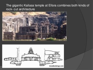 The gigantic Kailasa temple at Ellora combines both kinds of
rock- cut architecture
 