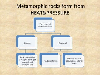 Metamorphic rocks form from HEAT&PRESSURE