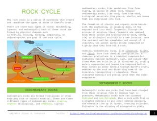 1RAFFAELE JELANI B. GENEROSA 7-ASTRO https://www.nationalgeographic.org/encyclopedia/rock-cycle/
ROCK CYCLE
The rock cycle is a series of processes that create
and transform the types of rocks in Earth’s crust.
There are three main types of rocks: sedimentary,
igneous, and metamorphic. Each of these rocks are
formed by physical changes—such
as melting, cooling, eroding, compacting, or
deforming—that are part of the rock cycle.
Sedimentary rocks are formed from pieces of other
existing rock or organic material. There are three
different types of sedimentary rocks: clastic,
organic (biological), and chemical. Clastic
sedimentary rocks, like sandstone, form from
clasts, or pieces of other rock. Organic
sedimentary rocks, like coal, form from hard,
biological materials like plants, shells, and bones
that are compressed into rock.
The formation of clastic and organic rocks begins
with the weathering, or breaking down, of the
exposed rock into small fragments. Through the
process of erosion, these fragments are removed
from their source and transported by wind, water,
ice, or biological activity to a new location. Once
the sediment settles somewhere, and enough of it
collects, the lowest layers become compacted so
tightly that they form solid rock.
Chemical sedimentary rocks, like limestone, halite,
and flint, form from chemical precipitation. A
chemical precipitate is a chemical compound—for
instance, calcium carbonate, salt, and silica—that
forms when the solution it is dissolved in, usually
water, evaporates and leaves the compound behind.
This occurs as water travels through Earth’s crust,
weathering the rock and dissolving some of its
minerals, transporting it elsewhere. These
dissolved minerals are precipitated when the water
evaporates.
Metamorphic rocks are rocks that have been changed
from their original form by immense heat or
pressure. Metamorphic rocks have two classes:
foliated and non-foliated. When a rock with flat or
elongated minerals is put under immense pressure,
the minerals line up in layers, creating foliation.
Foliation is the aligning of elongated or platy
SEDIMENTARY ROCKS
METAMORPHIC ROCKS
 