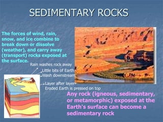 SEDIMENTARY ROCKS
Any rock (igneous, sedimentary,
or metamorphic) exposed at the
Earth's surface can become a
sedimentary rock
The forces of wind, rain,
snow, and ice combine to
break down or dissolve
(weather), and carry away
(transport) rocks exposed at
the surface.
Rain washes rock away
Little bits of Earth
Wash downstream
Layer after layer
Eroded Earth is pressed on top
 