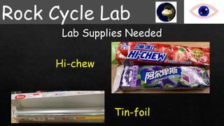 Rock Cycle Lab
Lab Supplies Needed
Tin-foil
Hi-chew
 