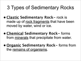 3 Types of Sedimentary Rocks
• Clastic Sedimentary Rock- rock is
made up of rock fragments that have been
moved by water, wind or ice.
• Chemical Sedimentary Rock- forms
from minerals that precipitate from water.
• Organic Sedimentary Rock- forms from
the remains of organisms.
 