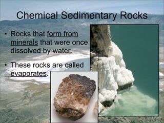 Chemical Sedimentary Rocks
• Rocks that form from
minerals that were once
dissolved by water.
• These rocks are called
evaporates.
 