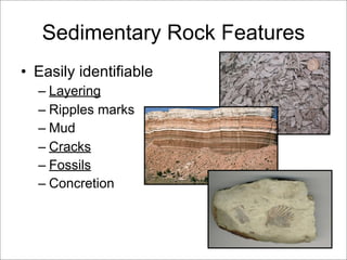 Sedimentary Rock Features
• Easily identifiable
– Layering
– Ripples marks
– Mud
– Cracks
– Fossils
– Concretion
 