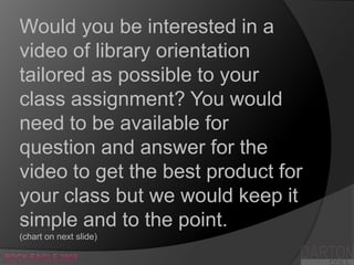 Would you be interested in a video of library orientation tailored as possible to your class assignment? You would need to be available for question and answer for the video to get the best product for your class but we would keep it simple and to the point.                         (chart on next slide),[object Object],DARTON,[object Object],Rock Eagle 2008,[object Object],COLLEGE,[object Object]