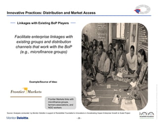 Innovative Practices: Distribution and Market Access

Tex
t

Linkages with Existing BoP Players

Facilitate enterprise linkages with
existing groups and distribution
channels that work with the BoP
(e.g., microfinance groups)

Frontier Markets links with
microfinance groups,
farmers associations, and
NGO workers
Source: Analyses conducted by Monitor Deloitte in support of Rockefeller Foundation’s Innovations in Accelerating Impact Enterprise Growth to Scale Project

- 28 -

Rockefeller Foundation Impact Enterprises Project_GIINPresentation_ForDistribution.pptx

Example/Source of Idea:

 