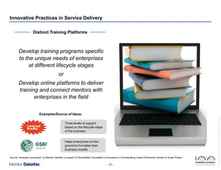 Innovative Practices in Service Delivery
Distinct Training Platforms

Develop training programs specific
to the unique needs of enterprises
at different lifecycle stages
or
Develop online platforms to deliver
training and connect mentors with
enterprises in the field

Three levels of support
based on the lifecycle stage
of the business
Helps enterprises on-theground to formalize their
business models
Source: Analyses conducted by Monitor Deloitte in support of Rockefeller Foundation’s Innovations in Accelerating Impact Enterprise Growth to Scale Project

- 31 -

Rockefeller Foundation Impact Enterprises Project_GIINPresentation_ForDistribution.pptx

Examples/Source of Ideas:

 