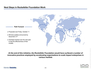 Next Steps in Rockefeller Foundation Work

Path Forward
Proposals due Friday, October 11

l

Winners publicly announced by
December 31st

l

Grantees tracked over the next year
to test the effectiveness of their
models

At the end of this initiative, the Rockefeller Foundation would have surfaced a number of
innovative practices employed by accelerating organizations to scale impact enterprises in
various markets

- 33 -

Rockefeller Foundation Impact Enterprises Project_GIINPresentation_ForDistribution.pptx

l

 