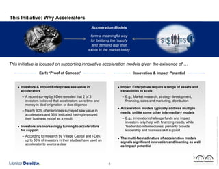 This Initiative: Why Accelerators
Acceleration Models
form a meaningful way
for bridging the ‘supply
and demand gap’ that
exists in the market today

This initiative is focused on supporting innovative acceleration models given the existence of …
Early ‘Proof of Concept’

Investors & Impact Enterprises see value in
accelerators

l

– A recent survey by I-Dev revealed that 2 of 3
investors believed that accelerators save time and
money in deal origination or due diligence

– E.g., Market research, strategy development,
financing, sales and marketing, distribution
l

– Nearly 90% of enterprises surveyed saw value in
accelerators and 36% indicated having improved
their business model as a result
l

Impact Enterprises require a range of assets and
capabilities to scale

Acceleration models typically address multiple
needs, unlike some other intermediary models
– E.g., Innovation challenge funds and impact
investors only help with financing needs, while
‘leadership intermediaries’ primarily provide
leadership and business skill support

Investors are increasingly turning to accelerators
for support
– According to research by Village Capital and I-Dev,
up to 50% of investors in their studies have used an
accelerator to source a deal

l

-6-

The multi-faceted nature of acceleration models
signals significant innovation and learning as well
as impact potential

Rockefeller Foundation Impact Enterprises Project_GIINPresentation_ForDistribution.pptx

l

Innovation & Impact Potential

 