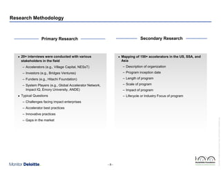 Research Methodology

Secondary Research

Primary Research

20+ interviews were conducted with various
stakeholders in the field

l

Mapping of 150+ accelerators in the US, SSA, and
Asia

– Accelerators (e.g., Village Capital, NESsT)
– Investors (e.g., Bridges Ventures)

– Program inception date

– Funders (e.g., Hitachi Foundation)

– Length of program

– System Players (e.g., Global Accelerator Network,
Impact IQ, Emory University, ANDE)
l

– Description of organization

– Scale of program
– Impact of program

Typical Questions

– Lifecycle or Industry Focus of program

– Challenges facing impact enterprises
– Accelerator best practices
– Innovative practices
– Gaps in the market

-9-

Rockefeller Foundation Impact Enterprises Project_GIINPresentation_ForDistribution.pptx

l

 