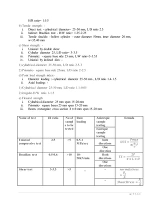 11 | P A G E
H/R ratio= 1:1/5
b) Tensile strength: -
i. Direct test: - cylindrical diameter= 25-50 mm, L/D ratio 2.5
ii. Indirect Brazilian test: - D/W ratio= 1.25-2.25
iii. Tensile shackle: - hollow cylinder – outer diameter 50mm, inner diameter 20 mm,
w=35.40 mm
c) Shear strength: -
i. Uniaxial by double shear
ii. Cylinder diameter 25, L/D ratio= 3-3.5
iii. Prismatic: - square base side 25 mm, L/W ratio=3-3.53
iv. Uniaxial by inclined dies: -
1) cylindrical-diameter 25-50 mm, L/D ratio 2.5-3
2) Prismatic- square base side 25mm, L/D ratio 2-2.5
d) Point load strength index:-
i. Diameter loading :- cylindrical diameter 25-50 mm , L/D ratio 1.4-1.5
ii. Axial loading: -
1) Cylindrical diameter 25-50 mm, L/D ratio 1.1-0.05
2) irregular-H/W ratio 1-1.5
e) Flexural strength
i. Cylindrical-diameter 25 mm span 15-20 mm
ii. Prismatic- square bases 25 mm span 15-20 mm
iii. Beam- rectangular cross section 3 × 8 mm span 15-20 mm
Name of test l/d ratio No of
sampl
e to be
tested
Rate
loading
Anistropic
sample
testing
formula
Isotropic
sample
testing
Uniaxial
compressive test
2.5 >5 0.5-1
MPa/sec
both
directions
𝑈𝐶𝑆 =
𝑃𝑚𝑎𝑥
𝜋(
𝐷
2
)2
One
direction
Brazilian test 0.5-0.6 >10 10-
50kN/min
Both
directions 𝑇𝑆 =
2𝑃
𝜋 × 𝐿 × 𝐷
One
directions
Shear test 3-3.5 >5 _ - 𝑛𝑜𝑟𝑚𝑎𝑙𝑠𝑡𝑟𝑒𝑠𝑠
=
𝑃𝑛
𝐴
-
𝑆ℎ𝑒𝑎𝑟𝑆𝑡𝑟𝑒𝑠𝑠 =
𝑃𝑠
𝐴
 