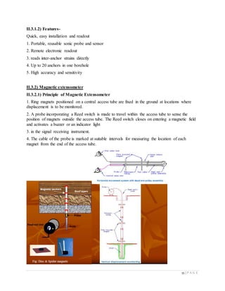 55 | P A G E
II.3.1.2) Features-
Quick, easy installation and readout
1. Portable, reusable sonic probe and sensor
2. Remote electronic readout
3. reads inter-anchor strains directly
4. Up to 20 anchors in one borehole
5. High accuracy and sensitivity
II.3.2) Magnetic extensometer
II.3.2.1) Principle of Magnetic Extensometer
1. Ring magnets positioned on a central access tube are fixed in the ground at locations where
displacement is to be monitored.
2. A probe incorporating a Reed switch is made to travel within the access tube to sense the
position of magnets outside the access tube. The Reed switch closes on entering a magnetic field
and activates a buzzer or an indicator light
3. in the signal receiving instrument.
4. The cable of the probe is marked at suitable intervals for measuring the location of each
magnet from the end of the access tube.
 