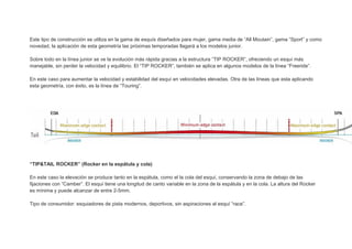Este tipo de construcción se utiliza en la gama de esquís diseñados para mujer, gama media de “All Moutain”, gama “Sport” y como
novedad, la aplicación de esta geometría las próximas temporadas llagará a los modelos junior.

Sobre todo en la línea junior se ve la evolución más rápida gracias a la estructura “TIP ROCKER”, ofreciendo un esquí más
manejable, sin perder la velocidad y equilibrio. El “TIP ROCKER”, también se aplica en algunos modelos de la línea “Freeride”.

En este caso para aumentar la velocidad y estabilidad del esquí en velocidades elevadas. Otra de las líneas que esta aplicando
esta geometría, con éxito, es la línea de “Touring”.




“TIP&TAIL ROCKER” (Rocker en la espátula y cola)

En este caso la elevación se produce tanto en la espátula, como el la cola del esquí, conservando la zona de debajo de las
fijaciones con “Camber”. El esquí tiene una longitud de canto variable en la zona de la espátula y en la cola. La altura del Rocker
es mínima y puede alcanzar de entre 2-5mm.

Tipo de consumidor: esquiadores de pista modernos, deportivos, sin aspiraciones al esquí “race”.
 