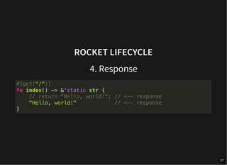 ROCKET LIFECYCLE
4. Response
#[get("/")]
fn index() -> &'static str {
// return "Hello, world!"; // <-- response
"Hello, world!" // <-- response
}
27
 