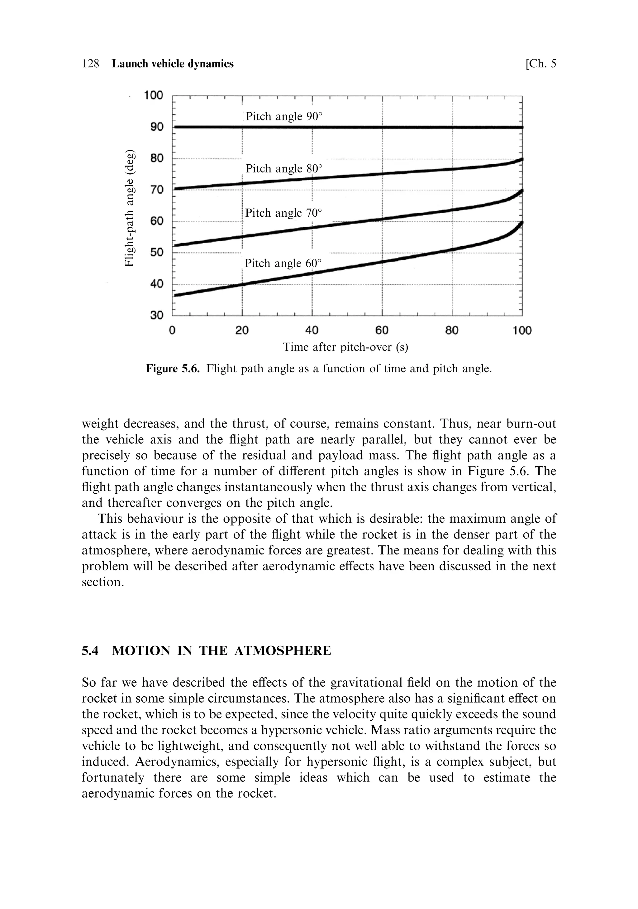 Sec. 5.1 ]                                                              5.1 More on the rocket equation   119


                                   4 Â 10 5

                                 3:5 Â 10 5                        ve ˆ 4500 m/s

             Vehicle range (m)    3 Â 10 5

                                 2:5 Â 10 5

                                   2 Â 10 5

                                 1:5 Â 10 5

                                  1 Â 10 5
                                                                  ve ˆ 2000 m/s
                                   5 Â 10 4

                                  0 Â 10 0

                                                                 Mass ratio
                                         Figure 5.2. Range as a function of mass ratio.


just Vi t, or expressing t as above:
                                                                     
                                                            M0     M
                                                    si ˆ Vi     1À
                                                            m      M0

This distance should be added to the distance already calculated.
   The above arguments lead to a triad of equations for the velocity, time and range
in the absence of gravitational e€ects:
                              
                            M0
              V ˆ ve loge
                            M
                               
                   M0        M
               tˆ       1À
                    m        M0
                                                                
                     M         M        M              M         M
               s ˆ ve 0 1 À         loge 0 ‡ 1 ‡ Vi 0 1 À
                      m       M0        M               m        M0

These equations can be used for calculations in which gravity plays no part; for
example, the injection into orbit of a satellite by the upper stage of a launcher. For
orbital injection the thrust and velocity vectors are usually perpendicular to the
gravitational ®eld.
   As an example of the application of these equations, consider a third stage with an
initial horizontal velocity of 2,000 m sÀ1 , containing 4 tonnes of propellant, with a
®nal (empty) mass of 700 kg. This is a typical case for the launch of a small satellite
into a 500-km circular orbit. The solid propellant produces a vacuum exhaust
velocity of 2,930 m sÀ1 , the mass ¯ow rate is 100 kg sÀ1 , and the mass ratio is
4.7/0.7 ˆ 6.71. Substituting in the above, the velocity increment is 5,560 m sÀ1 , the
burn time is 40 seconds, and the range (calculated for zero initial velocity) is 78.5 km.
To this must be added the range due to the initial velocity. The total distance
 