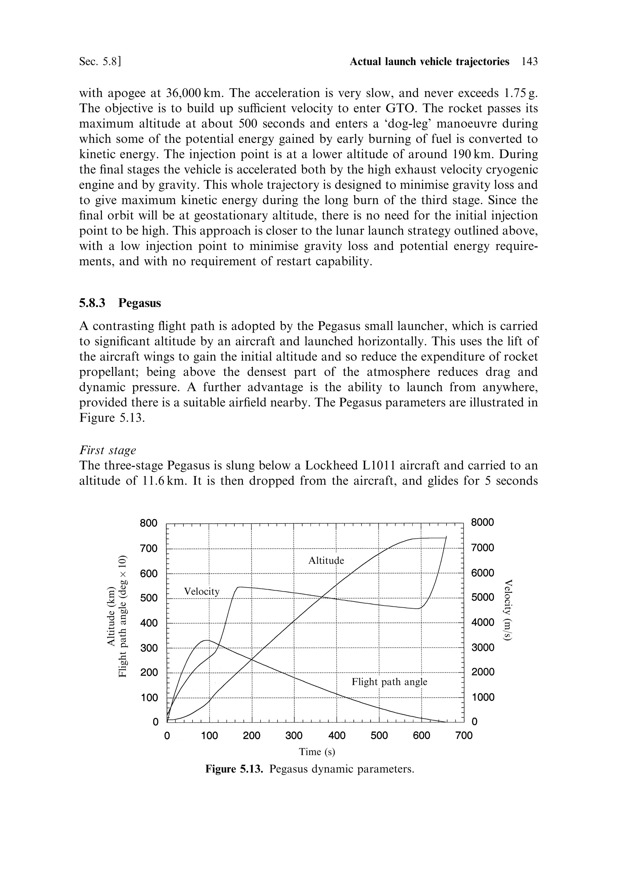 134   Launch vehicle dynamics                                                       [Ch. 5

trajectories. Launch from an airless body like the Moon is an instructive problem to
examine. In Chapter 1 we saw that the motion of spacecraft is along conic section
trajectories, governed by the gravitational ®eld and the angular momentum of the
spacecraft about the origin of the ®eld. Neglecting planetary rotation, appropriate
for the Moon, a launch is the process of transferring a spacecraft, stationary on the
surface, to an orbit above the surface, assumed here to be circular. For minimum
energy expenditure the spacecraft should, at the launch site, be given a horizontal
velocity sucient for an elliptical orbit, with perigee at the launch site and apogee at
the circular orbit altitude. This is the most ecient way of placing the spacecraft at
the altitude of the required circular orbit. The velocity at apogee will be insucient
for a circular orbit, so additional velocity will need to be applied there to circularise
the orbit. The reason for the eciency is that all the acceleration takes place in a
horizontal direction, and there is no gravity loss. This idealised approach indicates
that for real launches to be ecient, they should as far as possible adopt the same
kind of launch trajectory. It is very di€erent from the general perception that rockets
are launched vertically.
    A purely ballistic launch could take place from the surface, or from a mountain-
top, using a modi®ed gun, or, for example, an electromagnetic sled to give the
appropriate velocity. In either case the most ecient launch would be horizontal,
and sucient velocity would be given to the vehicle by the sled to put it into an
elliptical transfer orbit, with perigee at the launch site and apogee at the desired
altitude. If the vehicle had no other motive power, then it would remain in the
elliptical orbit, returning to the launch site after one rotation. There must therefore
be an onboard rocket engine to circularise the orbit (see Chapter 1).
    If a sled or gun is not available, and the launch has to be conventional, then a
purely horizontal trajectory is impossible because of the factors mentioned above.
The rocket would essentially be in a gravity turn, beginning with its path horizontal,
and quickly dropping towards the surface. To counteract this a rocket launch from
the surface has to have a vertical component, which could, for example, be a
constant pitch trajectory. Immediately this is done, gravity loss comes into play, and
optimisation becomes an issue.
     The objective is to reach a suitable altitude for injection into orbit, with sucient
horizontal velocity (`horizontal' here meaning orthogonal to the gravitational ®eld
vector at the injection point). Energy arguments indicate that the initial orbit should
again be elliptical, with a low perigee, and apogee at the altitude of the desired
circular orbit. A further burn will be needed to circularise the orbit. For the Moon a
perigee at a few tens of kilometres is sucient, and is just high enough to clear the
mountains.
    There are two e€ects of gravity on velocity. The ®rst is the potential energy needed
to reach the perigee altitude: of the total velocity increment of the rocket, a fraction
will be converted into this potential energy. The second e€ect is the gravity loss,
treated above. The total velocity increment actually achieved will be reduced by the
amount of the gravity loss. The ®rst of these is unavoidable, and is part of the
dynamical requirement of the orbit; the second can be controlled by appropriate
trajectory choice. From our previous arguments, gravity loss is minimised if the pitch
 