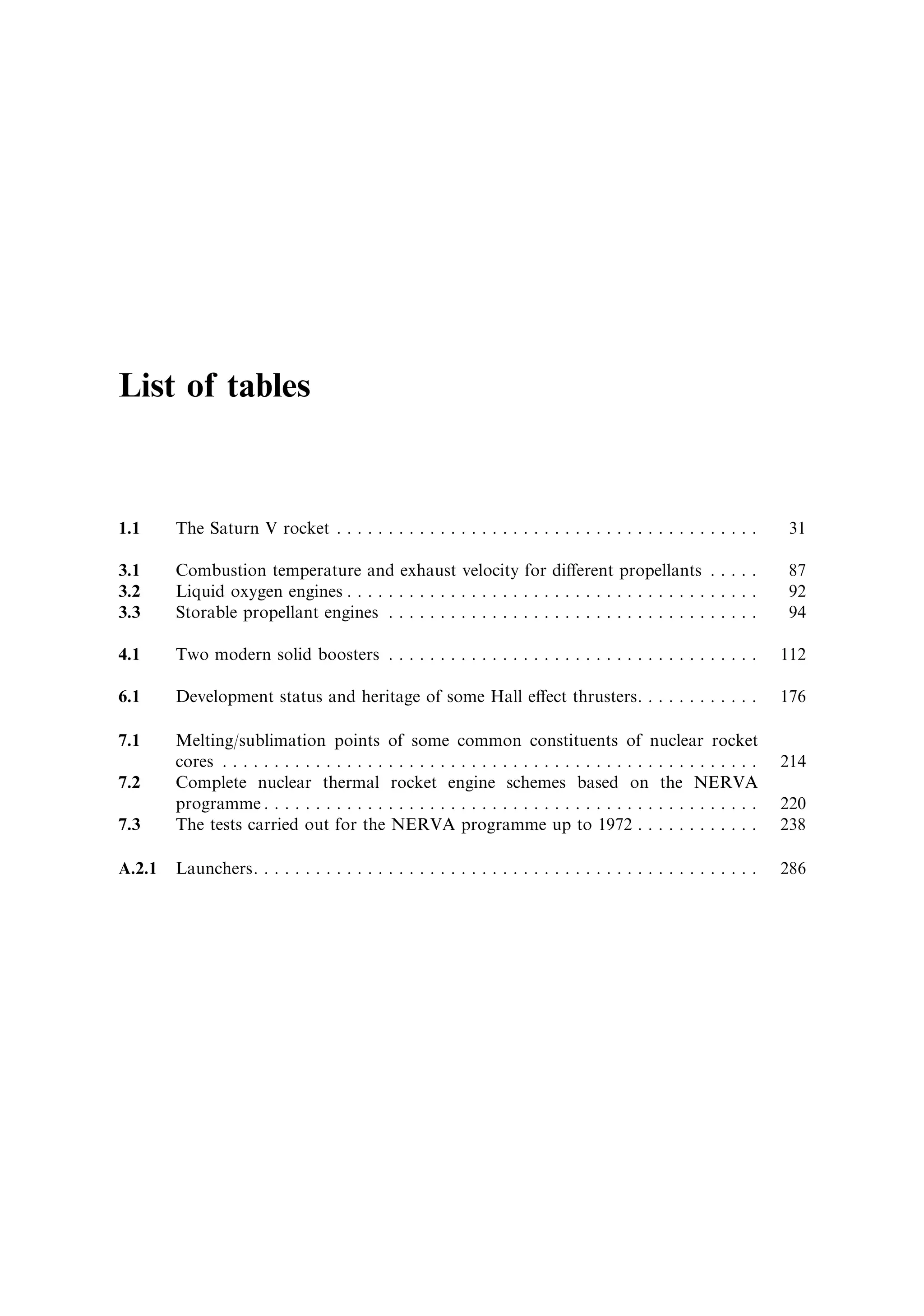 List of tables


1.1     The Saturn V rocket . . . . . . . . . . . . . . . . . . . . . . . . . . . . . . . . . . . . . . . . .            31

3.1     Combustion temperature and exhaust velocity for di€erent propellants . . . . .                                  87
3.2     Liquid oxygen engines . . . . . . . . . . . . . . . . . . . . . . . . . . . . . . . . . . . . . . . .           92
3.3     Storable propellant engines . . . . . . . . . . . . . . . . . . . . . . . . . . . . . . . . . . . .             94

4.1     Two modern solid boosters . . . . . . . . . . . . . . . . . . . . . . . . . . . . . . . . . . . .               112

6.1     Development status and heritage of some Hall e€ect thrusters. . . . . . . . . . . .                             176

7.1     Melting/sublimation points of some common constituents of nuclear rocket
        cores . . . . . . . . . . . . . . . . . . . . . . . . . . . . . . . . . . . . . . . . . . . . . . . . . . . .   214
7.2     Complete nuclear thermal rocket engine schemes based on the NERVA
        programme . . . . . . . . . . . . . . . . . . . . . . . . . . . . . . . . . . . . . . . . . . . . . . . .       220
7.3     The tests carried out for the NERVA programme up to 1972 . . . . . . . . . . . .                                238

A.2.1   Launchers. . . . . . . . . . . . . . . . . . . . . . . . . . . . . . . . . . . . . . . . . . . . . . . . .      286
 