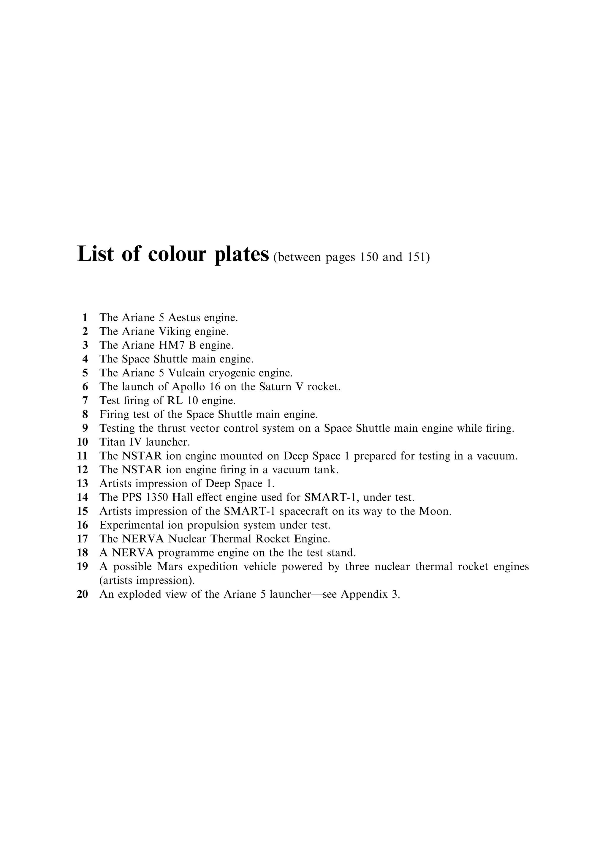 List of colour plates (between pages 150 and 151)

 1 The Ariane 5 Aestus engine.
 2 The Ariane Viking engine.
 3 The Ariane HM7 B engine.
 4 The Space Shuttle main engine.
 5 The Ariane 5 Vulcain cryogenic engine.
 6 The launch of Apollo 16 on the Saturn V rocket.
 7 Test ®ring of RL 10 engine.
 8 Firing test of the Space Shuttle main engine.
 9 Testing the thrust vector control system on a Space Shuttle main engine while ®ring.
10 Titan IV launcher.
11 The NSTAR ion engine mounted on Deep Space 1 prepared for testing in a vacuum.
12 The NSTAR ion engine ®ring in a vacuum tank.
13 Artists impression of Deep Space 1.
14 The PPS 1350 Hall e€ect engine used for SMART-1, under test.
15 Artists impression of the SMART-1 spacecraft on its way to the Moon.
16 Experimental ion propulsion system under test.
17 The NERVA Nuclear Thermal Rocket Engine.
18 A NERVA programme engine on the the test stand.
19 A possible Mars expedition vehicle powered by three nuclear thermal rocket engines
   (artists impression).
20 An exploded view of the Ariane 5 launcherÐsee Appendix 3.
 