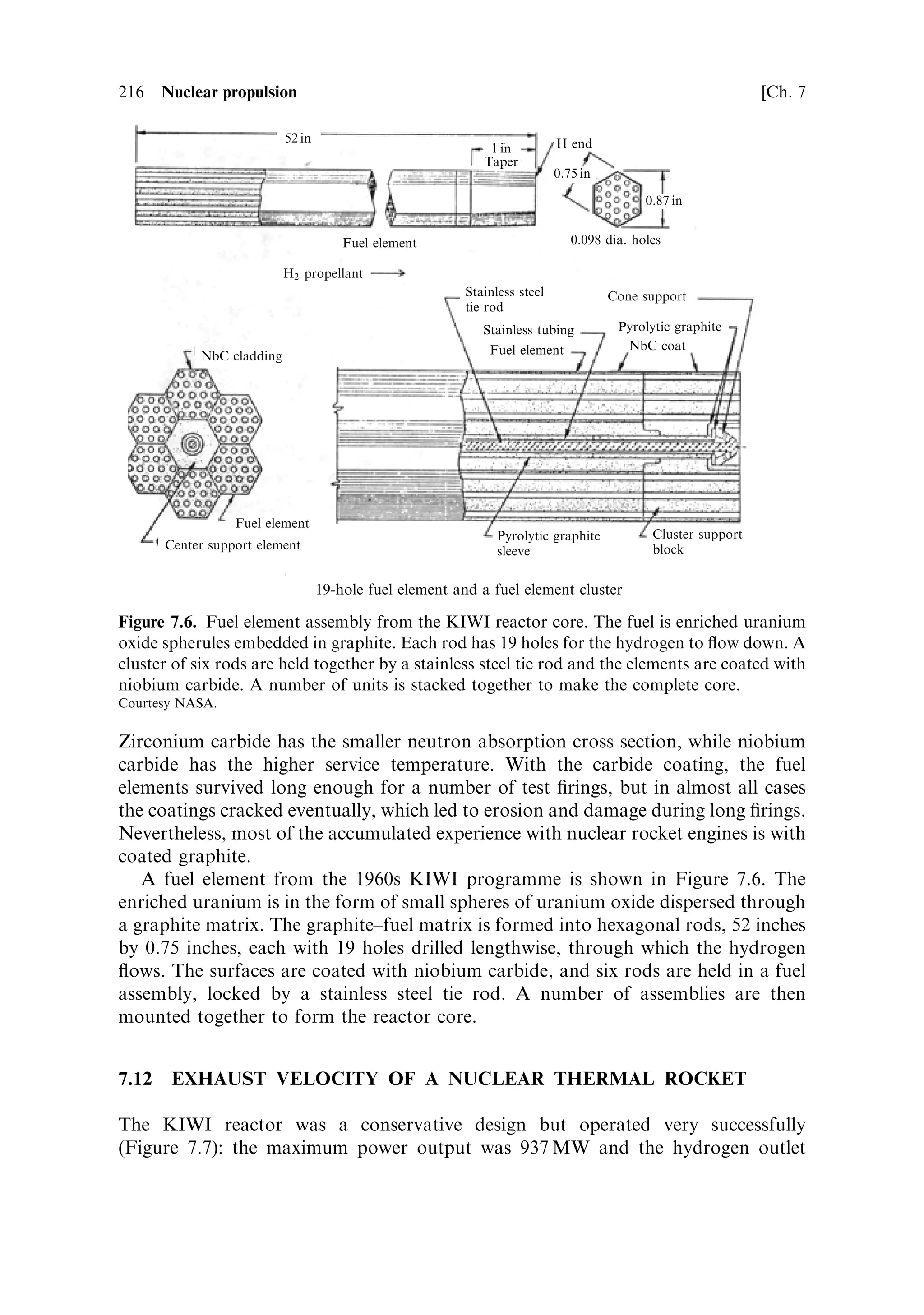 Sec. 7.5 ]                          7.5 The reactor dimensions and neutron leakage   207

geometric (i.e., non-time-dependent) value of the buckling is given by:
                                   2              2
                                              2:405
                             B2 ˆ         ‡
                                    LH          RH
where L H and R H are the height and radius of the core, suitably increased to allow for
neutron di€usion out of the core; for most cases this increase is only a few
centimetres and can be ignored for the present purposes.
   The same factor can also be calculated from the time dependent part of the
di€usion equation, which includes the ®ssion aspects for the neutron ¯ux as:
                                           kI À 1
                                    B2 ˆ
                                           L2 ‡ L2
                                            r    s

where Lr and Ls are the di€usion and slowing-down lengths respectively. When the
reactor is just critical, the two values of B are the same. By equating the two
expressions for B, the critical values of L and R can be related to the ®ssion
properties of the reactor, and the critical dimensions determined. The minimum
volume, taking into account the geometric formula above, is given by:
                                               r
                                        2:405 3
                                   Rˆ
                                          B     2
                                         p
                                   Lˆ       3
                                        B
This is obtained by calculating the volume, in terms of L, R, and B, and minimising it
by setting the derivative to zero. The ratio of radius to height for a cylinder of
minimum critical volume is 0.55.
    Two examples can be given. The ®rst uses uranium, enriched to 2%, with graphite
moderator, in the proportion, 300 carbon atoms to one uranium atom. For these fuel
and moderator properties, the four factors are:  ˆ 1:73,  ˆ 1:0, p ˆ 0:66, and
f ˆ 0:923. This gives a value of 1.054 for kI . An in®nite reactor with this
composition would be super-critical. A reactor of ®nite size can obviously be
made, using this material, which is just critical. Substitution in the formula for B,
using the values for di€usion length and slowing-down length already given, results
in:
                                           0:054
                                    B2 ˆ 2
                                         52 ‡ 19 2
                                     B ˆ 0:004 20
The height and radius can then be calculated, using the formulae above, as 13 and
7 m respectively. This is a large reactor core, suitable for ground use; even with a
ratio of 300 to 1Ðmoderator to fuel, it contains many tonnes of uranium. Note that
it is the critical size that is determined here; the critical mass follows from these
dimensions and the fraction of uranium in the core. Note also, that the total energy
contained in such a reactor is very large, sucient to provide power for national use,
for many years. The total energy is proportional to the amount of ®ssile
 