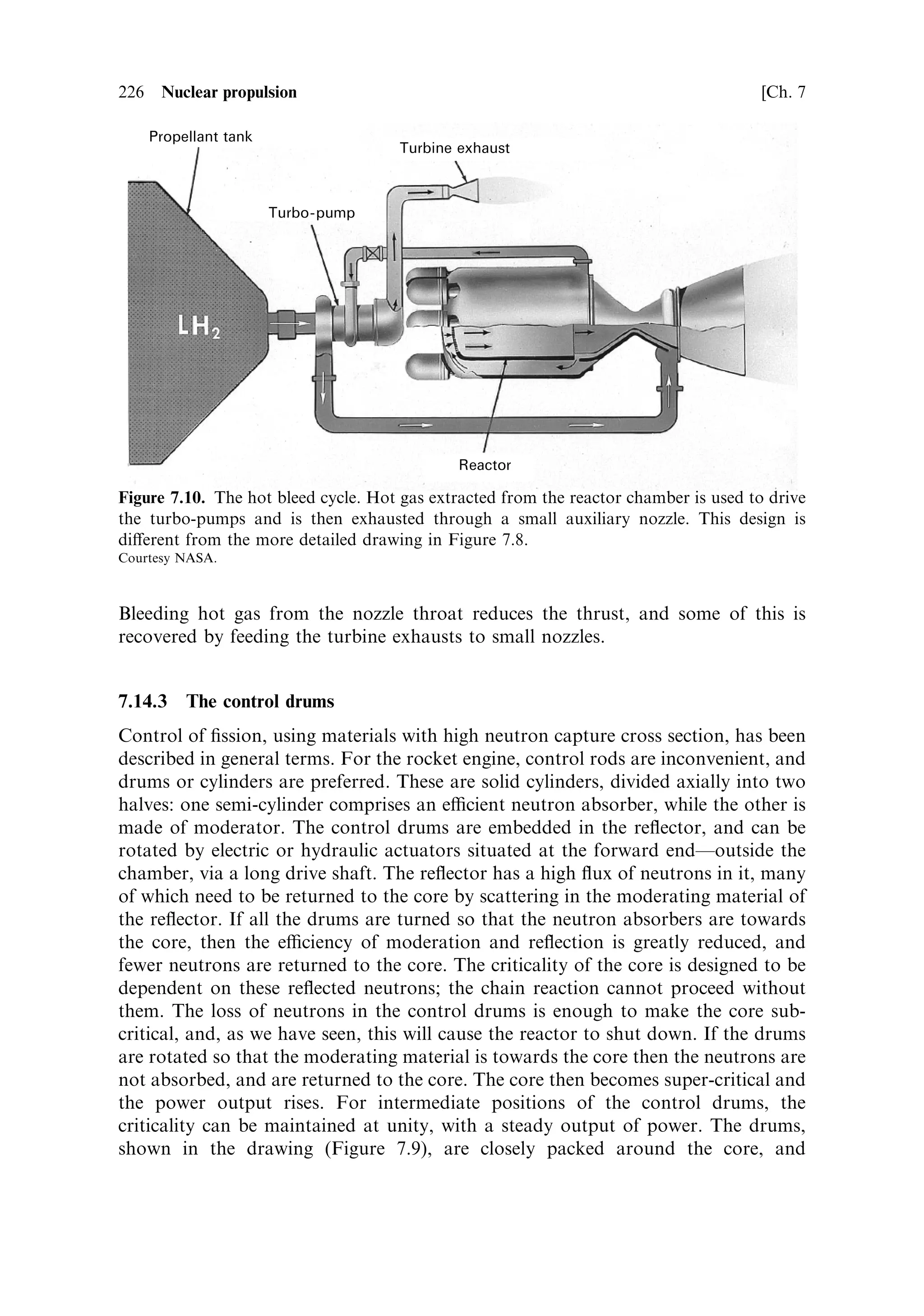 Sec. 7.12 ]                          7.12 Exhaust velocity of a nuclear thermal rocket 217




Figure 7.7. The KIWA A-Prime reactor on its test stand. This was the second nuclear engine
to be tested, and the ®rst to make use of fuel elements coated with niobium carbide to reduce
hydrogen erosion. It operated for 307 s at 85 MW.
Courtesy NASA.


temperature was 2,330 K. The e€ective exhaust velocity of an engine with this outlet
temperature, and using hydrogen as propellant, can be computed using expressions
from Chapter 2:
                                   ve ˆ CF c Ã
The thrust coecient, CF is dependent purely on the nozzle properties, and for a
well-designed nozzle, used in vacuum, takes a value of about 1.85, the characteristic
velocity, c Ã , does depend on the temperature and molecular weight of the propellant
entering the nozzle; the formula is repeated below for convenience.
                                       …
‡1†=…
À1†     À1=2
                           Ã          2                M
                          c ˆ 
                                    
‡1               RTc
A reasonable value for 
 is 1.2, and with the appropriate substitutions for this and
for R, the gas constant, the formula becomes:
                                       s
                               Ã         8:13 Â 10 3 Tc
                              c ˆ 1:54
                                                   M
 