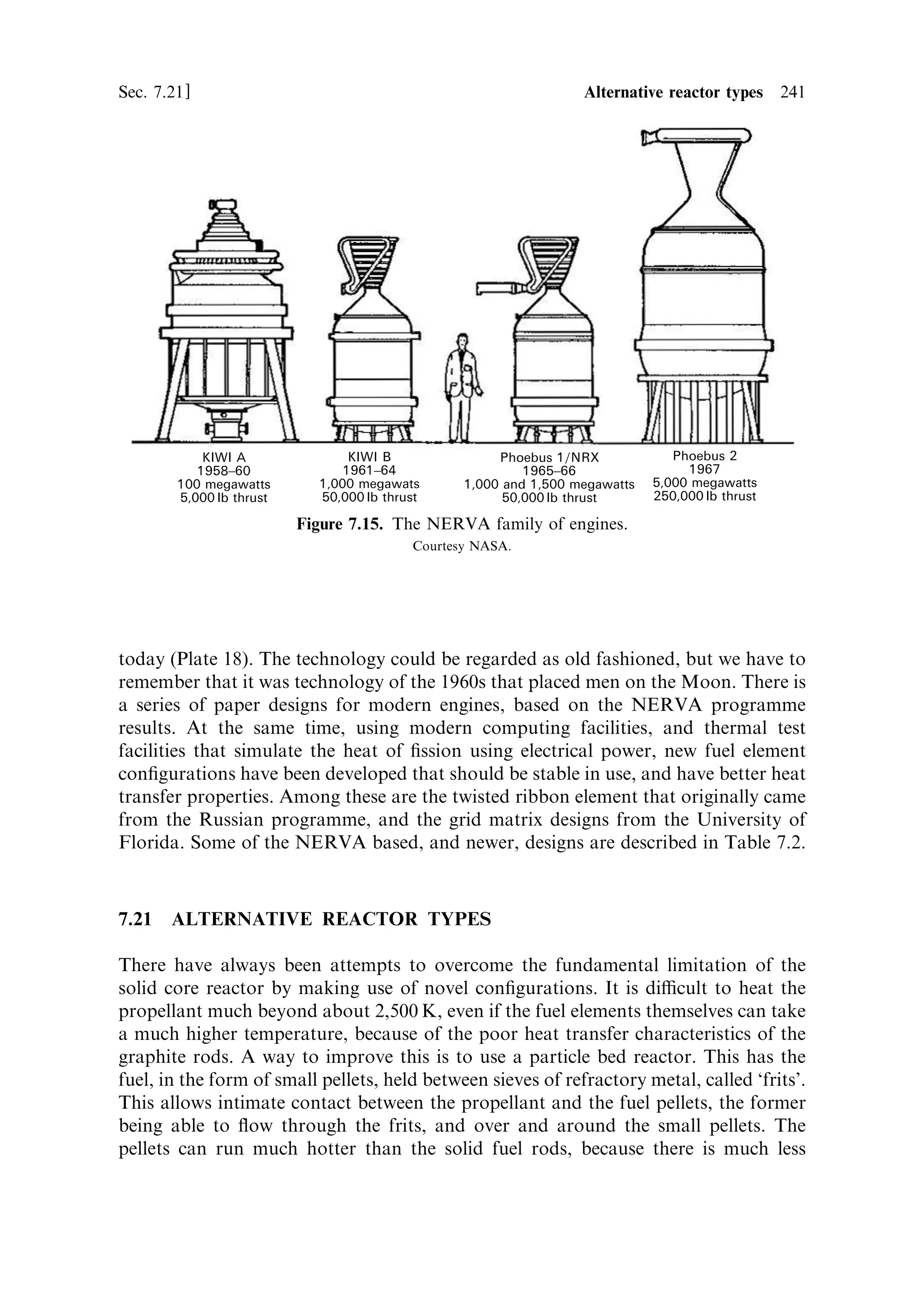 232    Nuclear propulsion                                                           [Ch. 7

Having calculated the eccentricity, the necessary velocity with respect to the sun is
given by the third formula. The velocity of the Earth in its orbit is 29.8 km/s and so
the required residual velocity is only 2.94 km/s. This is the required residual velocity,
but the total velocity necessary to escape from Earth with this residual velocity is
11.16 km/s and is calculated using the kinetic energy equation below.
                                     2
                                1
                                2 mv     ˆ 1 mv 2 À 1 mv 2
                                           2    0   2    esc

                                    v2 ˆ v2 À v2
                                          0    esc

Here the ®nal energy is equated to the initial energy, minus the kinetic energy
necessary for escape with a zero residual velocity. Thus, the injection velocity is given
by:                                    q
                                   v0 ˆ       v 2 ‡ 2v 2
                                                       circ

and the eccentricity of the hyperbolic orbit by:
                                               v20
                                         ˆ         À1
                                              v2
                                               circ

All of these can be derived quite simply from the orbit equation given in Chapter 1
and Appendix 1 and the above kinetic energy equation.
   The ideal role then for the nuclear engine in a Mars mission is to give this delta-V
to the departing mission. It would be in the form of a booster, comprising a
hydrogen tank and a nuclear propulsion system that is ®red up once the vehicle is at
a safe distance from the Earth (Plate 19). When the delta-V manoeuvre is complete,
the booster is separated from the coasting Mars vehicle and ®red up again, using the
remaining propellant, to place it in a safe solar orbit, which will not intersect with the
Earth or Mars for a million years or so. The dangerously radioactive spent engine is
thus safely disposed of.


7.18    FASTER INTERPLANETARY JOURNEYS
The minimum energy transfer to Mars takes 258 days. Given that the nuclear engine
has a higher capability than a chemical engine, it can be considered as a means to
shorten this journey. The delta-V values, given above, place the spacecraft into the
Hohmann transfer orbit illustrated in Figure 7.11 where the various periods of Mars,
Earth, and the spacecraft are shown. If more velocity can be given to the spacecraft,
then the eccentricity of the transfer orbit can be increased, according to the formulae
above, and the journey will be shorter, with the spacecraft orbit, cutting the Mars
orbit, at an earlier point. This is shown in Figure 7.12.
   The journey time in this case will be smaller, both because of the reduction in
distance, and because the average speed of the spacecraft will be higher according to
Kepler's law. The calculation of this time is beyond the scope of this bookÐit
requires a determination of the area bounded by r0 , r, and the transfer trajectory, by
integration, and then division of the result by the constant areal velocity derived
from Kepler's law. The result is given in Figure 7.13.
 