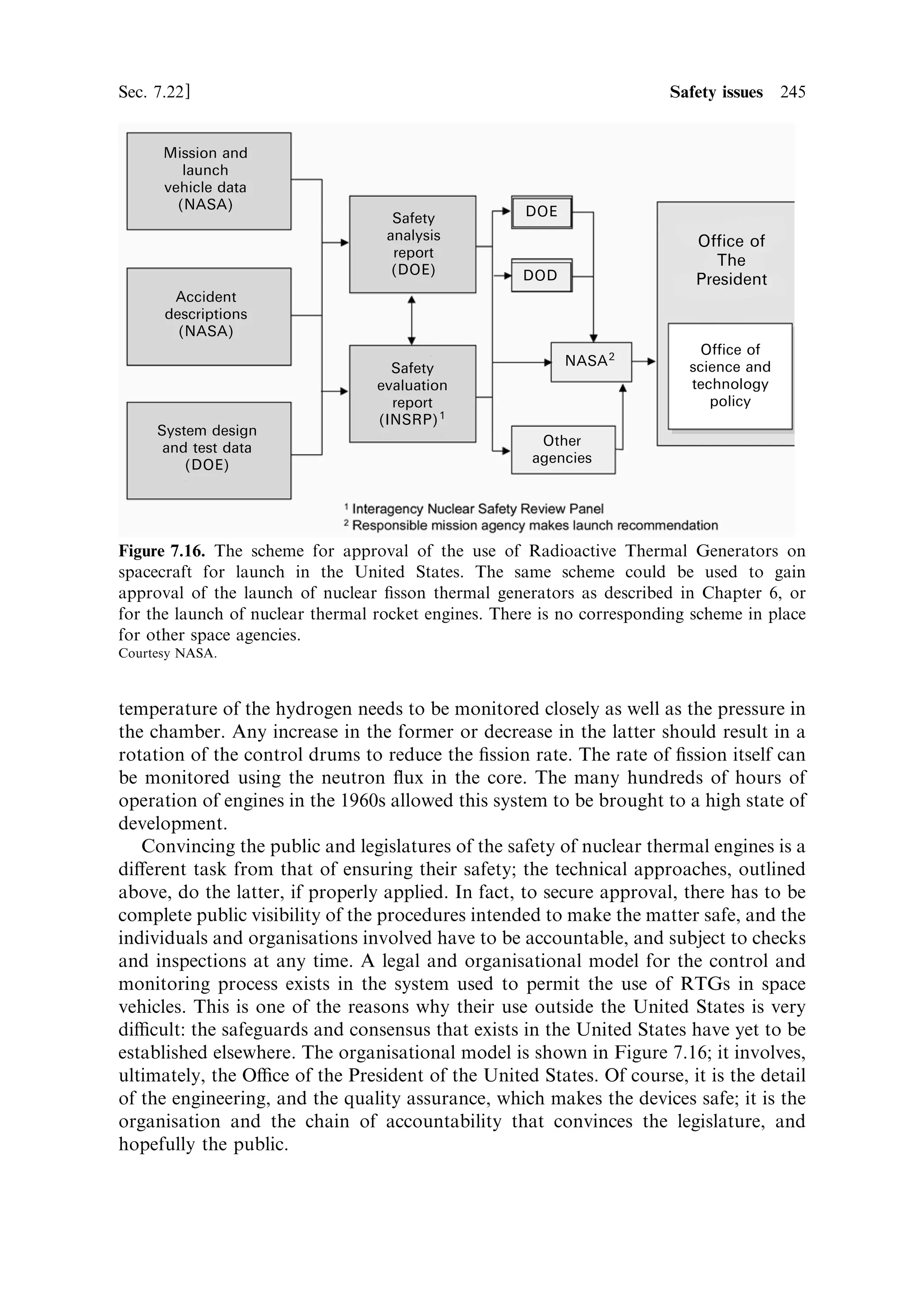 236   Nuclear propulsion                                                          [Ch. 7

engines (i.e., those that could really be ®red and used to generate thrust), was
con®ned to the period ending in 1972.
   The programme in the United States ran from 1955 to 1972, at a cost of 1.4 billion
dollars, a huge investment. The initial programme was called KIWIÐa ¯ightless
birdÐand was con®ned to reactor core and pressure vessel developments; the later
programme was called NERVA (Nuclear Engine for Rocket Vehicle Applications).
NERVA included ¯ight components, like turbo-pumps and nozzles, and was to all
intents and purposes a ¯yable engine, although it was never actually launched. The
NERVA programme made signi®cant design improvements, and at the end, there
were several designs that were not tested, but which provide the basis for a re-
starting of the nuclear engine programme in our times.
   The ®rst nuclear engine test was conducted in July 1959 with KIWI A (Figure
7.14) containing rectangular plates of uncoated UO2 with a graphite moderator. The




                                Nozzle




                 Graphite
                 reflector



                 Fuel plates




                 Control rod




Figure 7.14. The KIWI reactor. This small drawing shows the structure of the core and
re¯ector; there was a nozzle as shown, but no expansion of the emerging hot gas or other
¯ight-like sub-systems. It was intended only for ground testing, hence `KIWI'.
Courtesy NASA.
 