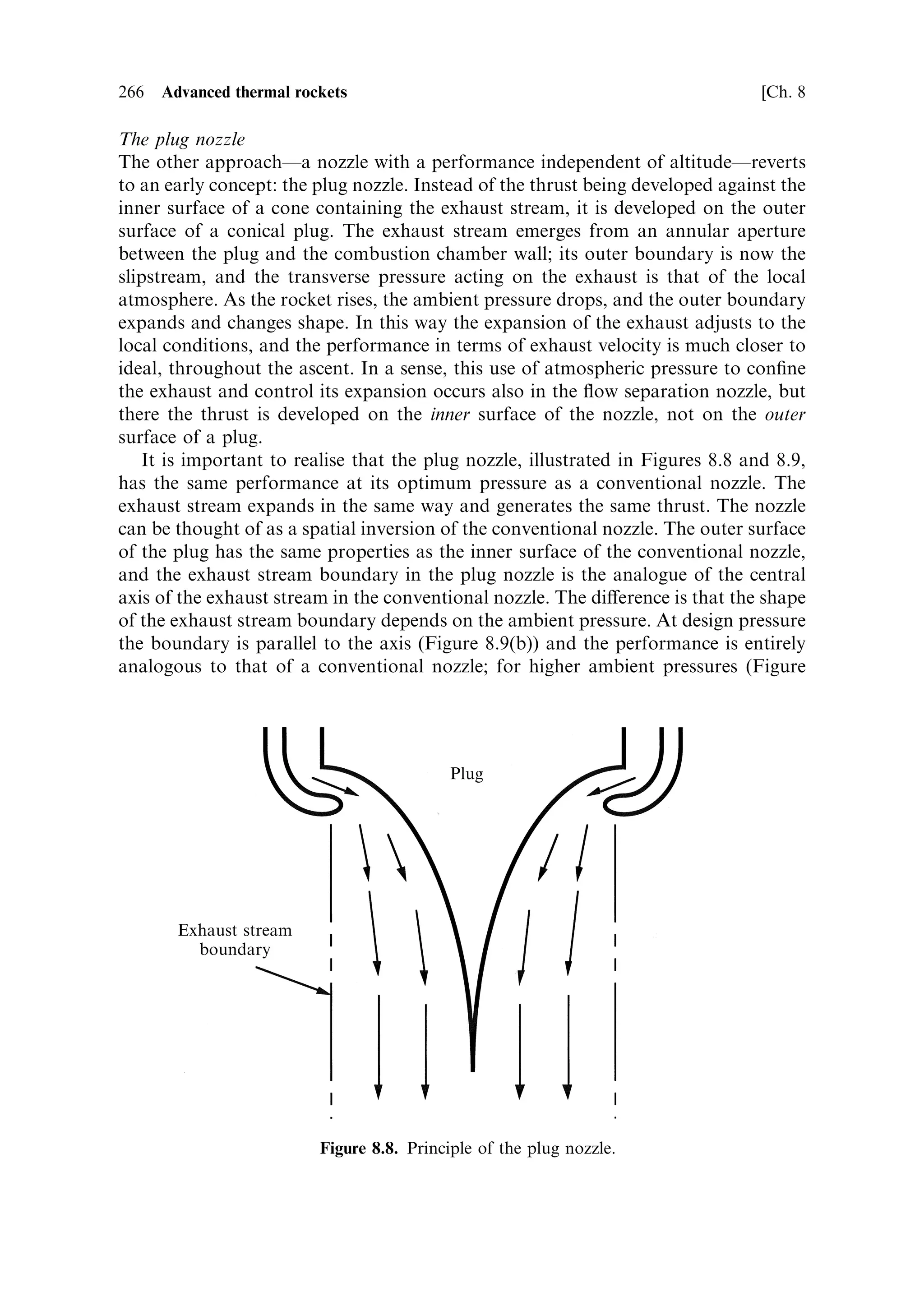 Sec. 8.3 ]                   8.3 Thermal rockets in atmosphere, and the single stage to orbit                    257

where m is the mass ¯ow rate, and M0 is the initial mass of the vehicle and
propellant. The kinetic energy of the rocket at burn-out is then
                              2
                         1
                         2 MV     ˆ 1 M…v 2 log 2 R À 2ve gt sin  log R ‡ g 2 t 2 †
                                    2     e     e

Equating thisÐthe total kinetic energy given to the vehicle by the rocket burn, to the
combined kinetic and potential energy of the orbitÐwe can de®ne an equivalent
velocity:                           r q
                                      2E
                           VOrbit ˆ        ˆ V 2 ‡ 2gh
                                       M
where V is the orbital velocity as de®ned in Chapter 1, and h is the di€erence in
altitude between the burn-out and orbit. Thus
                             V2         2     2                           2 2
                              Orbit ˆ v e log e R À 2ve gt sin  log R ‡ g t

Rearranging this as a quadratic in ve loge R, the solution is
                                        q
                  ve loge R ˆ gt sin  Æ V 2                 2
                                             Orbit À g t…1 À sin †
                                                                                 2


This refers to the vehicle velocity required at burn-out to ensure that the rocket
reaches orbital altitude with sucient velocity to stay in orbit, with the approxima-
tions we have made. It includes the gravity loss, and the contribution to horizontal
velocity from the 45 pitch angle. Figure 8.4 shows this function plotted against burn
time, together with the value of mass ratio required for di€erent exhaust velocities.
The value of VOrbit ˆ 8:1 km/s is taken, and includes both the orbital velocity and the
velocity equivalent in kinetic energy to the work done in reaching the orbital altitude.
It is computed for a 500-km circular orbit


                                                                                          1:05 Â 10 4

                         ve ˆ 2000 m/s
                                                                                          1 Â 10 4
                                                                           ve loge R
        Mass ratio (R)




                                                                                                     ve loge R




                          ve ˆ 3000 m/s
                                                                         ve ˆ 4000 m/s


                                                                       ve ˆ 5000 m/s




                                               Burn time (s)
Figure 8.4. Velocity increment and mass ratio necessary to reach orbit, as a function of
burn time.
 