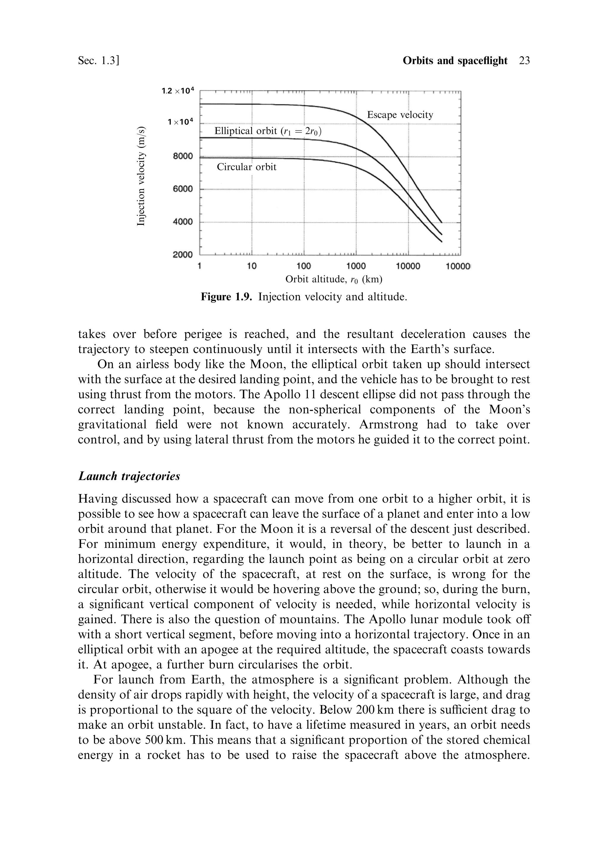 Sec. 1.3 ]                                                                                    1.3 Orbits and space¯ight 23

                                        1:2 Â10 4


                                                                                           Escape velocity
                                         1Â10 4
                                                      Elliptical orbit (r1 ˆ 2r0 †
             Injection velocity (m/s)

                                                       Circular orbit




                                                                        Orbit altitude, r0 (km)
                                                    Figure 1.9. Injection velocity and altitude.


takes over before perigee is reached, and the resultant deceleration causes the
trajectory to steepen continuously until it intersects with the Earth's surface.
    On an airless body like the Moon, the elliptical orbit taken up should intersect
with the surface at the desired landing point, and the vehicle has to be brought to rest
using thrust from the motors. The Apollo 11 descent ellipse did not pass through the
correct landing point, because the non-spherical components of the Moon's
gravitational ®eld were not known accurately. Armstrong had to take over
control, and by using lateral thrust from the motors he guided it to the correct point.

Launch trajectories
Having discussed how a spacecraft can move from one orbit to a higher orbit, it is
possible to see how a spacecraft can leave the surface of a planet and enter into a low
orbit around that planet. For the Moon it is a reversal of the descent just described.
For minimum energy expenditure, it would, in theory, be better to launch in a
horizontal direction, regarding the launch point as being on a circular orbit at zero
altitude. The velocity of the spacecraft, at rest on the surface, is wrong for the
circular orbit, otherwise it would be hovering above the ground; so, during the burn,
a signi®cant vertical component of velocity is needed, while horizontal velocity is
gained. There is also the question of mountains. The Apollo lunar module took o€
with a short vertical segment, before moving into a horizontal trajectory. Once in an
elliptical orbit with an apogee at the required altitude, the spacecraft coasts towards
it. At apogee, a further burn circularises the orbit.
    For launch from Earth, the atmosphere is a signi®cant problem. Although the
density of air drops rapidly with height, the velocity of a spacecraft is large, and drag
is proportional to the square of the velocity. Below 200 km there is sucient drag to
make an orbit unstable. In fact, to have a lifetime measured in years, an orbit needs
to be above 500 km. This means that a signi®cant proportion of the stored chemical
energy in a rocket has to be used to raise the spacecraft above the atmosphere.
 