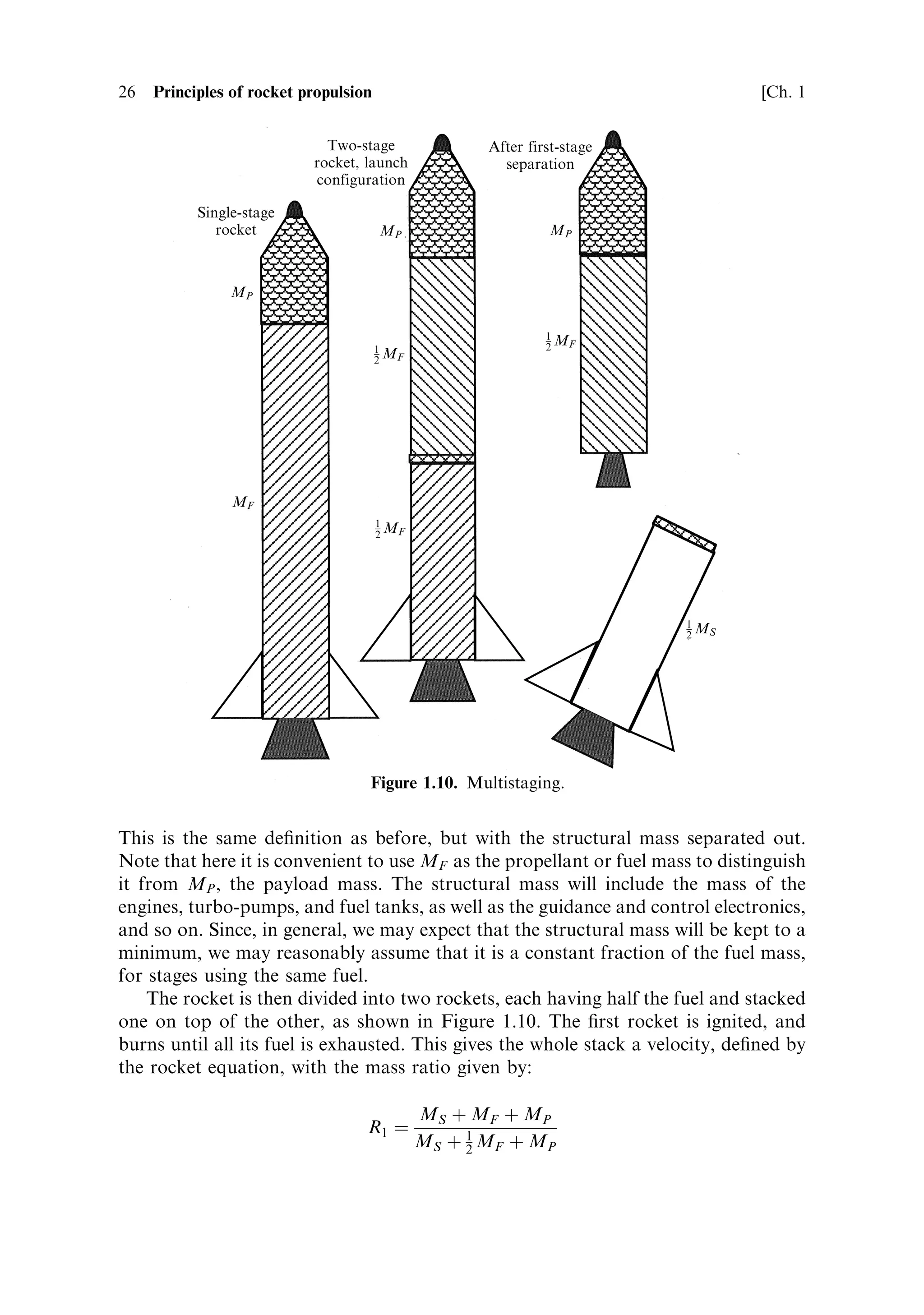 26   Principles of rocket propulsion                                             [Ch. 1


                             Two-stage               After first-stage
                           rocket, launch              separation
                           configuration

           Single-stage
              rocket                   MP                     MP



                MP

                                                              1
                                       1                      2 MF
                                       2 MF




                MF
                                       1
                                       2 MF




                                                                         1
                                                                         2 MS




                                   Figure 1.10. Multistaging.


This is the same de®nition as before, but with the structural mass separated out.
Note that here it is convenient to use MF as the propellant or fuel mass to distinguish
it from MP , the payload mass. The structural mass will include the mass of the
engines, turbo-pumps, and fuel tanks, as well as the guidance and control electronics,
and so on. Since, in general, we may expect that the structural mass will be kept to a
minimum, we may reasonably assume that it is a constant fraction of the fuel mass,
for stages using the same fuel.
    The rocket is then divided into two rockets, each having half the fuel and stacked
one on top of the other, as shown in Figure 1.10. The ®rst rocket is ignited, and
burns until all its fuel is exhausted. This gives the whole stack a velocity, de®ned by
the rocket equation, with the mass ratio given by:

                                              MS ‡ MF ‡ MP
                                   R1 ˆ
                                              MS ‡ 1 MF ‡ M P
                                                   2
 