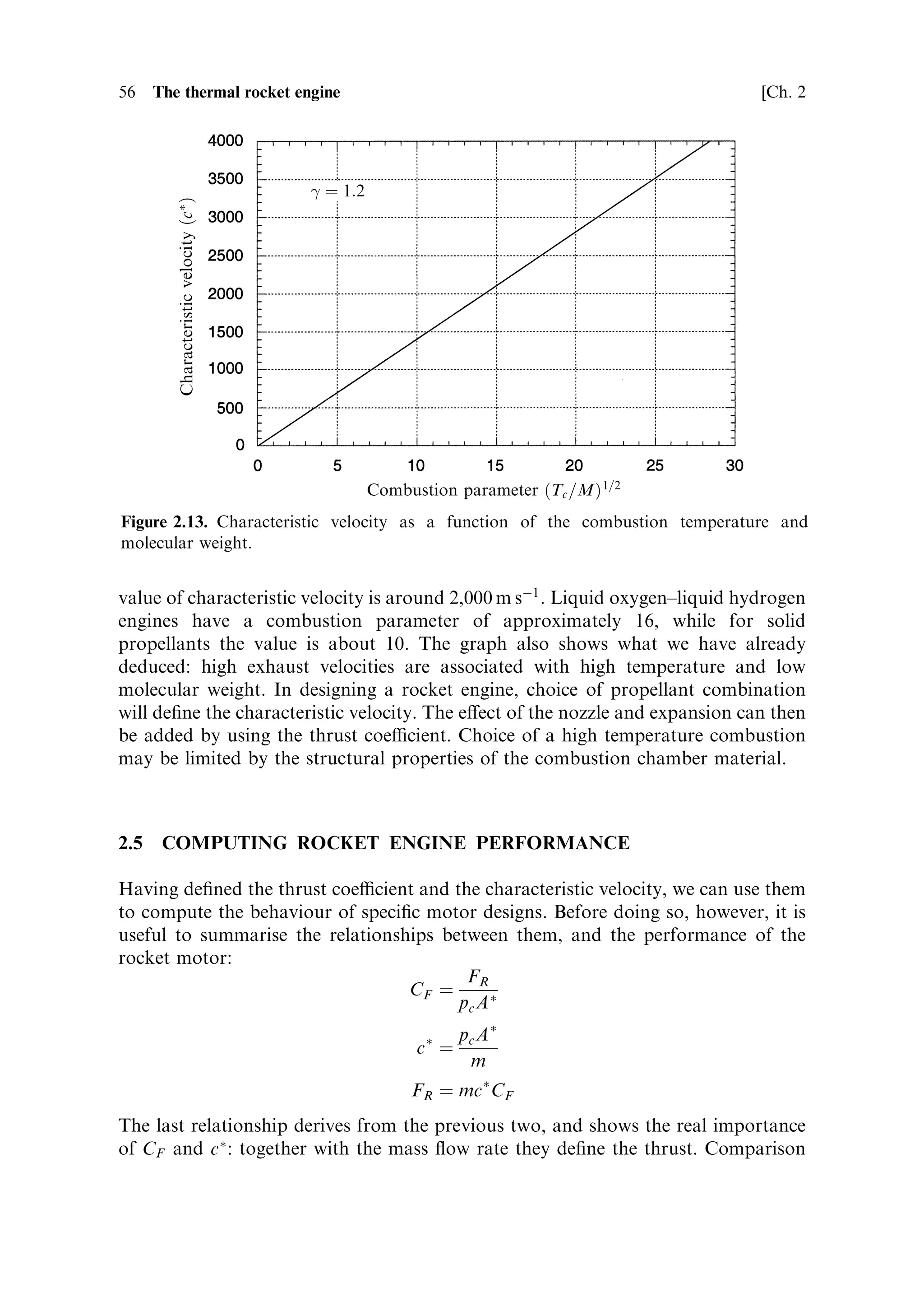 Sec. 2.4 ]                                               2.4 The thermodynamic thrust equation   55



                                    
 ˆ 1:2
         Thrust coefficient …CF †




                                                pa =pc




                                              Area ratio …Ae =A Ã †
Figure 2.12. Thrust coecient plotted against expansion ratio for di€erent atmospheric
pressures.


chapterÐthat the maximum thrust is developed when the exhaust pressure is equal
to the ambient pressure.
   The thrust coecient is thus a measure of the eciency with which the nozzle
extracts energy from the hot gas in the combustion chamber.
   The remaining parameterÐthe characteristic velocityÐmeasures the eciency of
conversion of thermal energy in the combustion chamber into high-velocity exhaust
gas. This is de®ned by the ratio of the notional force, given by the pressure in the
combustion chamber, integrated over the throat area, now divided by the mass ¯ow
rate:
                                          p AÃ
                                     cÃ ˆ c
                                           m
It has the dimensions of a velocity, and is again based on measurable quantities. The
thermodynamic form is given by
                                       …
‡1†=…
À1†     
                                      2                M À1=2
                        cÃ ˆ 
                                   
‡1                RTc

The characteristic velocity depends on the temperature and, inversely, on the
molecular weight. Again, the comparison between the expected and actual values
can be used to assess the performance of the motor; or c Ã can be used to estimate the
expected performance of a new motor design.
   Figure 2.13 shows the characteristic velocity as a function of the combustion
temperature and the molecular weight of the exhaust gas. Forp purposes,
                                                                   plotting
these parameters are combined in the combustion parameter Tc =M. A typical
 