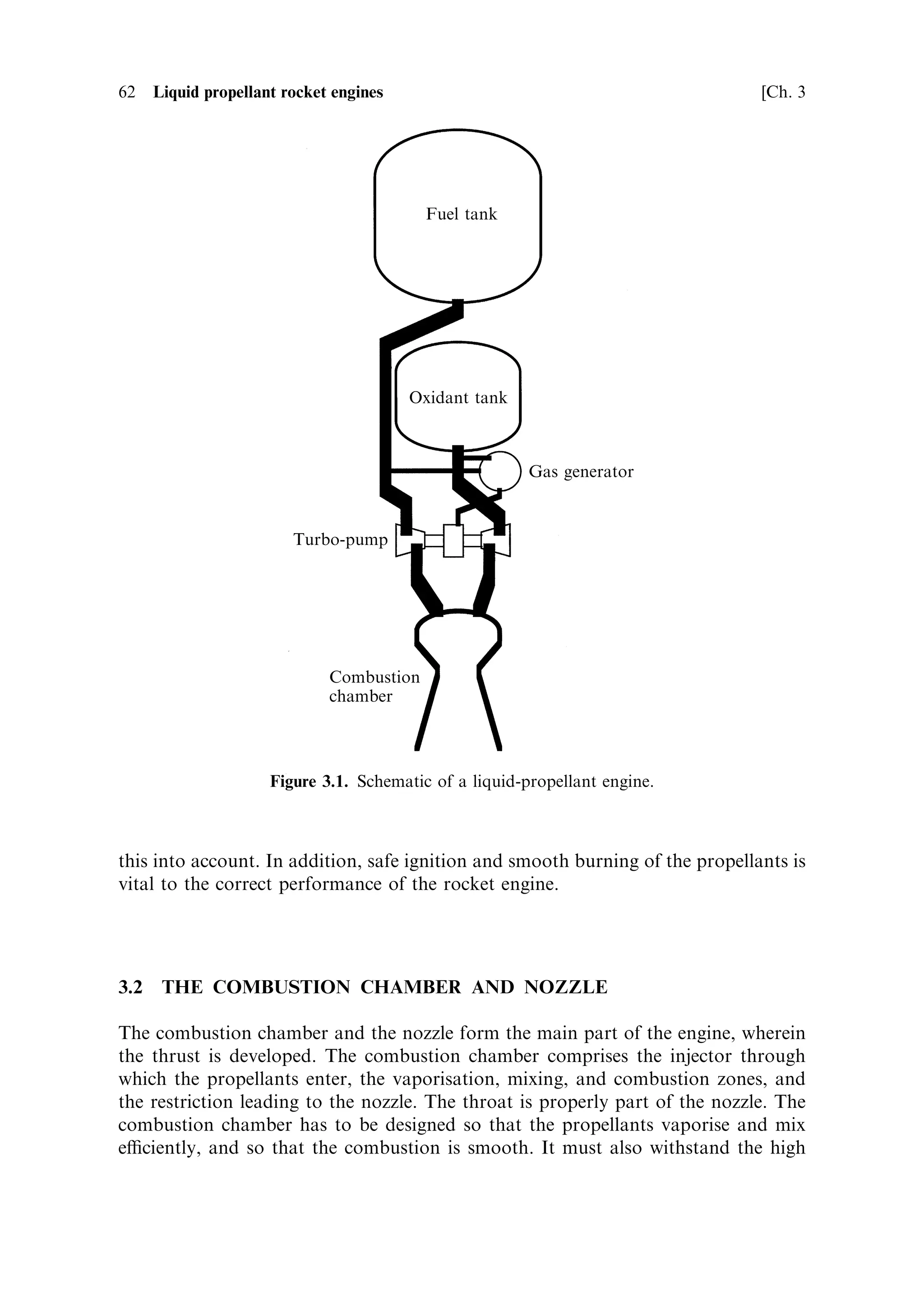 3
Liquid propellant rocket engines

In the previous chapter the thermal rocket engine was considered in isolation from
the way the hot gas, which is the working ¯uid, is produced. The basic operation of
both liquid- and solid-fuelled engines is the same, but behind the broad principles,
technical issues have a signi®cant impact on eciency and performance. In this
chapter we shall examine the technical issues pertaining to liquid-fuelled rocket
engines, and see how they a€ect the performance; several practical examples will be
used.


3.1   THE BASIC CONFIGURATION OF THE LIQUID
      PROPELLANT ENGINE

A liquid propellant rocket engine system comprises the combustion chamber, nozzle,
and propellant tanks, together with the means to deliver the propellants to the
combustion chamber.
   In the simplest system, the propellant is fed to the combustion chamber by static
pressure in the tanks. High-pressure gas is introduced to the tank, or is generated by
evaporation of the propellant, and this forces the fuel and oxidiser into the
combustion chamber. As we have seen in Chapter 2, the thrust of the engine
depends on the combustion chamber pressure and, of course, on the mass ¯ow
rate. It is dicult to deliver a high ¯ow rate at high pressure using static tank
pressure alone, so this system is limited to low-thrust engines for vehicle upper
stages. There is a further penalty, because the tanks need to have strong walls to
resist the high static pressure, and this reduces the mass ratio. The majority of large
liquid propellant engine systems use some kind of turbo-pump to deliver propellants
to the combustion chamber. The most common makes use of hot gas, generated by
burning some of the propellant, to drive the turbine.
   Since high combustion temperature is needed for high thrust, cooling is an
important consideration in order to avoid thermal degradation of the combustion
chamber and nozzle. The design of combustion chambers and nozzles has to take
 