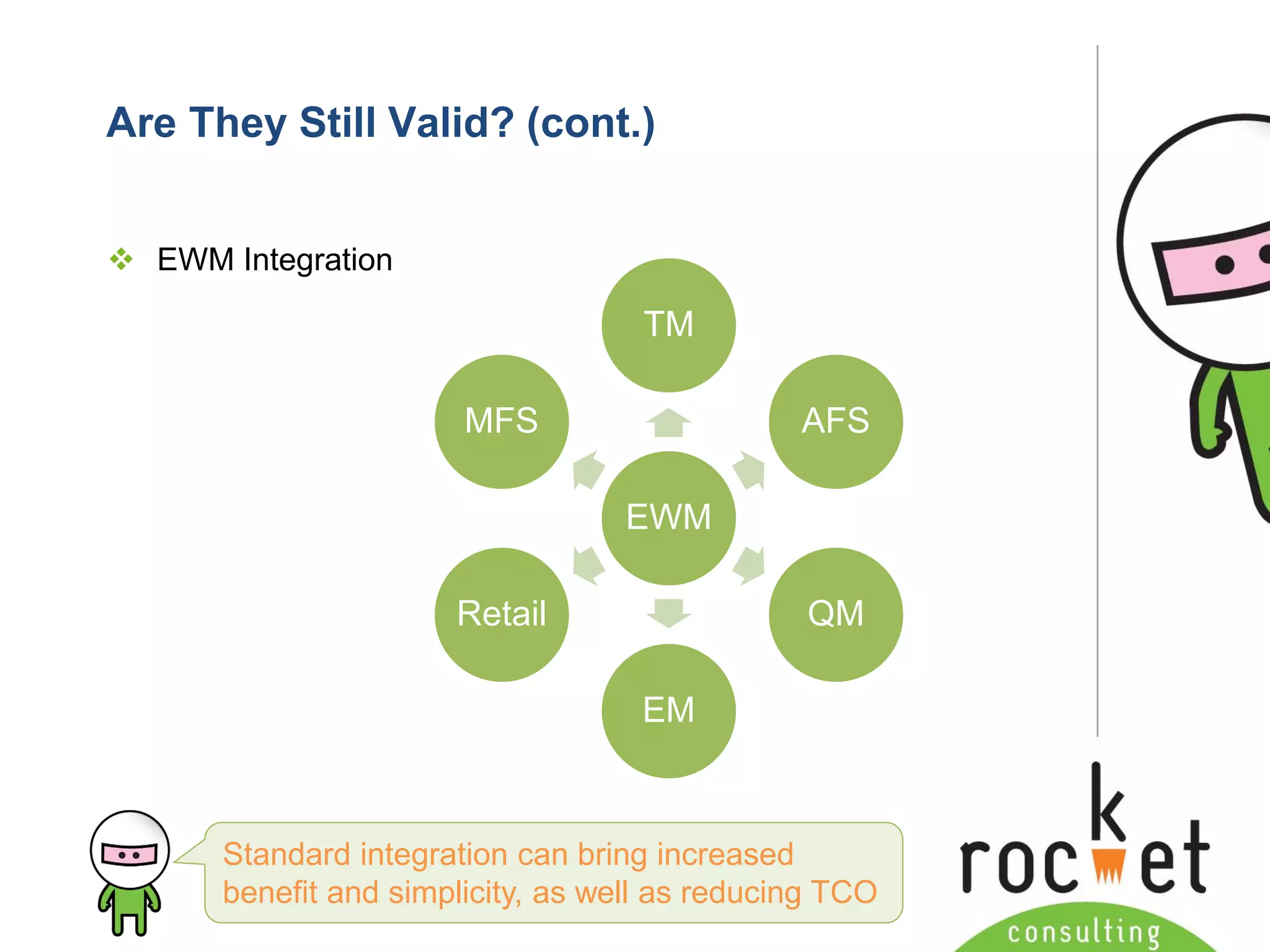 Rocket Consulting Ltd 
Company Powerpoint Slide MASTER 
(PLEASE DO NOT EDIT) 
Are They Still Valid? (cont.) 
EWM Integration 
Standard integration can bring increased benefit and simplicity, as well as reducing TCO 
EWM 
TM 
AFS 
QM 
EM 
Retail 
MFS  