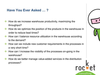 Rocket Consulting Ltd 
Company Powerpoint Slide MASTER 
(PLEASE DO NOT EDIT) 
Have You Ever Asked … ? 
How do we increase warehouse productivity, maximizing the throughput? 
How do we optimize the position of the products in the warehouse in order to reduce lead times? 
How can I balance resource utilization in the warehouse according to the demand? 
How can we include new customer requirements in the processes in a very short time? 
How can I increase the visibility of the processes on-going in the warehouse? 
How do we better manage value-added services in the distribution processes?  