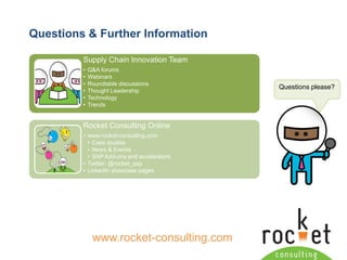 Rocket Consulting Ltd 
Company Powerpoint Slide MASTER 
(PLEASE DO NOT EDIT) 
Questions & Further Information 
Questions please? 
www.rocket-consulting.com 
Supply Chain Innovation Team 
•Q&A forums 
•Webinars 
•Roundtable discussions 
•Thought Leadership 
•Technology 
•Trends 
Rocket Consulting Online 
•www.rocket-consulting.com 
•Case studies 
•News & Events 
•SAP Add-ons and accelerators 
•Twitter: @rocket_sap 
•LinkedIn showcase pages  