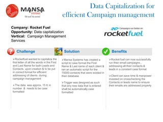 Data Capitalization for
                                                 efficient Campaign management
Company: Rocket Fuel
Opportunity: Data capitalization
Vertical: Campaign Management
Services

?      Challenge                                   Solution                              Benefits
                                                          .
    Rocketfuel wanted to capitalize the         Mansa Systems has created a          Rocket fuel can now successfully
    first letter of all the words in the First   script to case format the First       run their email campaigns ,
    and Last Name for both Leads and             Name & Last name of each client &     addressing all their contacts &
    Contacts upon creation & to be put           ran an automatic script for the       leads in a constant case format
    in correct format for efficient              15000 contacts that were existed in
    addressing of clients during                 their database                        Client can save time & manpower
    campaign management                                                                invested on crosschecking the
                                                 Trigger was designed as such         Contacts or leads name to ensure
    The data was approx. 15 K in                that any new data that is entered     their emails are addressed properly
    number & needs to be case                    shall be automatically case
    formatted                                    formatted
 