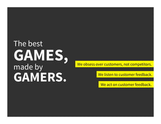 The best
GAMES,
made by
GAMERS.
We obsess over customers, not competitors.
We listen to customer feedback.
We act on customer feedback.
 