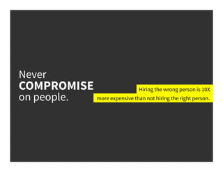 Never
COMPROMISE
on people.
Hiring the wrong person is 10X
more expensive than not hiring the right person.
 