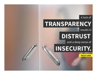 A lack of	
  
TRANSPARENCY	
  
DALAI LAMA	
  
results in	
  
DISTRUST	
  
and a deep sense of	
  
INSECURITY.	
  
 