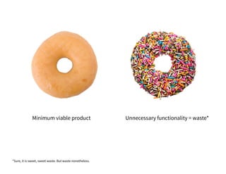 Minimum viable product Unnecessary functionality = waste*
*Sure, it is sweet, sweet waste. But waste nonetheless.
 
