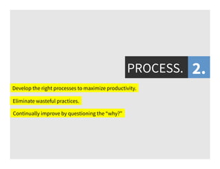 PROCESS.
Eliminate wasteful practices.
Develop the right processes to maximize productivity.
Continually improve by questi...