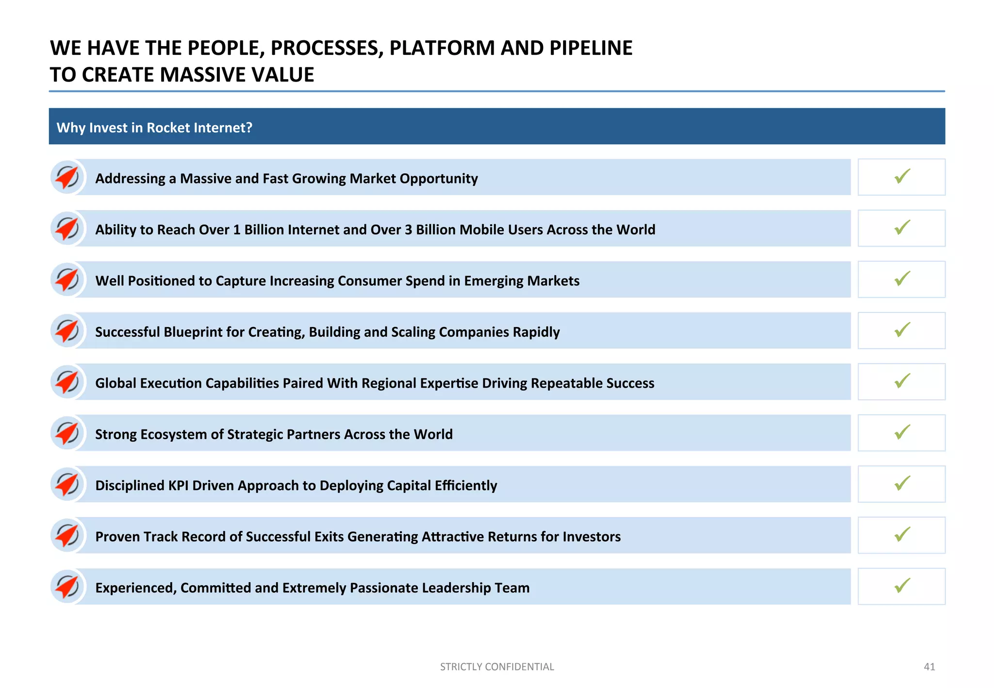 Why	
  Invest	
  in	
  Rocket	
  Internet?	
  
WE	
  HAVE	
  THE	
  PEOPLE,	
  PROCESSES,	
  PLATFORM	
  AND	
  PIPELINE	
  	
  	
  	
  	
  	
  	
  	
  	
  	
  	
  	
  	
  	
  	
  	
  	
  	
  	
  	
  	
  	
  	
  	
  	
  	
  	
  	
  	
  	
  	
  	
  	
  	
  	
  	
  	
  	
  	
  	
  	
  	
  	
  	
  	
  	
  	
  	
  	
  	
  	
  	
  	
  	
  	
  	
  	
  	
  	
  	
  	
  	
  	
  	
  	
  	
  	
  
TO	
  CREATE	
  MASSIVE	
  VALUE	
  
STRICTLY	
  CONFIDENTIAL	
   41	
  
Addressing	
  a	
  Massive	
  and	
  Fast	
  Growing	
  Market	
  Opportunity	
  
Ability	
  to	
  Reach	
  Over	
  1	
  Billion	
  Internet	
  and	
  Over	
  3	
  Billion	
  Mobile	
  Users	
  Across	
  the	
  World	
  
Well	
  Posi%oned	
  to	
  Capture	
  Increasing	
  Consumer	
  Spend	
  in	
  Emerging	
  Markets	
  
Successful	
  Blueprint	
  for	
  Crea%ng,	
  Building	
  and	
  Scaling	
  Companies	
  Rapidly	
  
Global	
  Execu%on	
  Capabili%es	
  Paired	
  With	
  Regional	
  Exper%se	
  Driving	
  Repeatable	
  Success	
  
Strong	
  Ecosystem	
  of	
  Strategic	
  Partners	
  Across	
  the	
  World	
  
Disciplined	
  KPI	
  Driven	
  Approach	
  to	
  Deploying	
  Capital	
  Eﬃciently	
  
Proven	
  Track	
  Record	
  of	
  Successful	
  Exits	
  Genera%ng	
  Avrac%ve	
  Returns	
  for	
  Investors	
  
Experienced,	
  Commived	
  and	
  Extremely	
  Passionate	
  Leadership	
  Team	
  	
  
!"
!"
!"
!"
!"
!"
!"
!"
!"
 