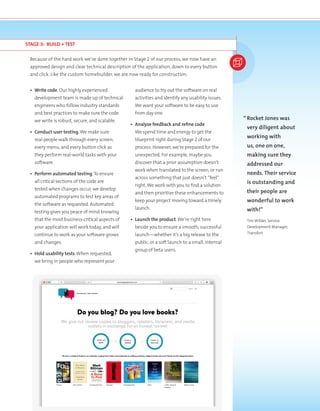 STAGE 3: BUILD + TEST
Because of the hard work we’ve done together in Stage 2 of our process, we now have an
approved design and clear technical description of the application, down to every button
and click. Like the custom homebuilder, we are now ready for construction.
•	 Write code. Our highly experienced
development team is made up of technical
engineers who follow industry standards
and best practices to make sure the code
we write is robust, secure, and scalable.
•	 Conduct user testing.We make sure
real people walk through every screen,
every menu, and every button click as
they perform real-world tasks with your
software.
•	 Perform automated testing. To ensure
all critical sections of the code are
tested when changes occur, we develop
automated programs to test key areas of
the software as requested. Automated
testing gives you peace of mind knowing
that the most business-critical aspects of
your application will work today, and will
continue to work as your software grows
and changes.
•	 Hold usability tests.When requested,
we bring in people who represent your
audience to try out the software on real
activities and identify any usability issues.
We want your software to be easy to use
from day one.
•	 Analyze feedback and refine code.
We spend time and energy to get the
blueprint right during Stage 2 of our
process. However, we’re prepared for the
unexpected. For example, maybe you
discover that a prior assumption doesn’t
work when translated to the screen, or run
across something that just doesn’t “feel”
right.We work with you to find a solution
and then prioritize these enhancements to
keep your project moving toward a timely
launch.
•	 Launch the product.We’re right here
beside you to ensure a smooth, successful
launch—whether it’s a big release to the
public, or a soft launch to a small, internal
group of beta users.
“	Rocket Jones was
very diligent about
working with
us, one on one,
making sure they
addressed our
needs. Their service
is outstanding and
their people are
wonderful to work
with!”
	 TimWilder, Service
Development Manager,
Transfort
 