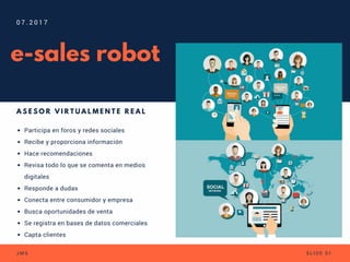 e-sales robot
Participa en foros y redes sociales
Recibe y proporciona información
Hace recomendaciones
Revisa todo lo que se comenta en medios
digitales
Responde a dudas
Conecta entre consumidor y empresa
Busca oportunidades de venta
Se registra en bases de datos comerciales
Capta clientes
A S E S O R V I R T U A L M E N T E R E A L
0 7 . 2 0 1 7
J M S S L I D E 0 1
 